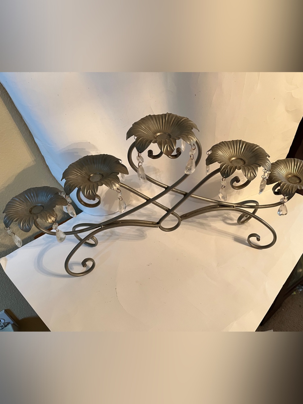 Vintage chandelier style 5 cup scrollwork Candlelabra. silver/ gray metal